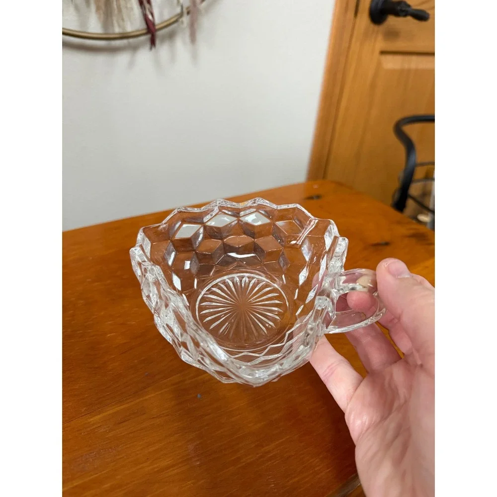 Vintage Heart Shaped Clear Pressed Glass Nappy Dish with Handle Diamond Pattern